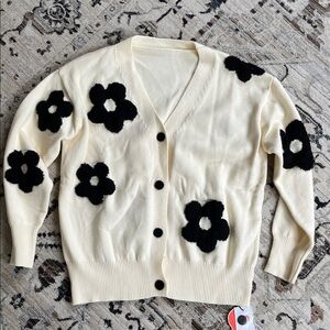Cream Cardigan with Black Flowers
